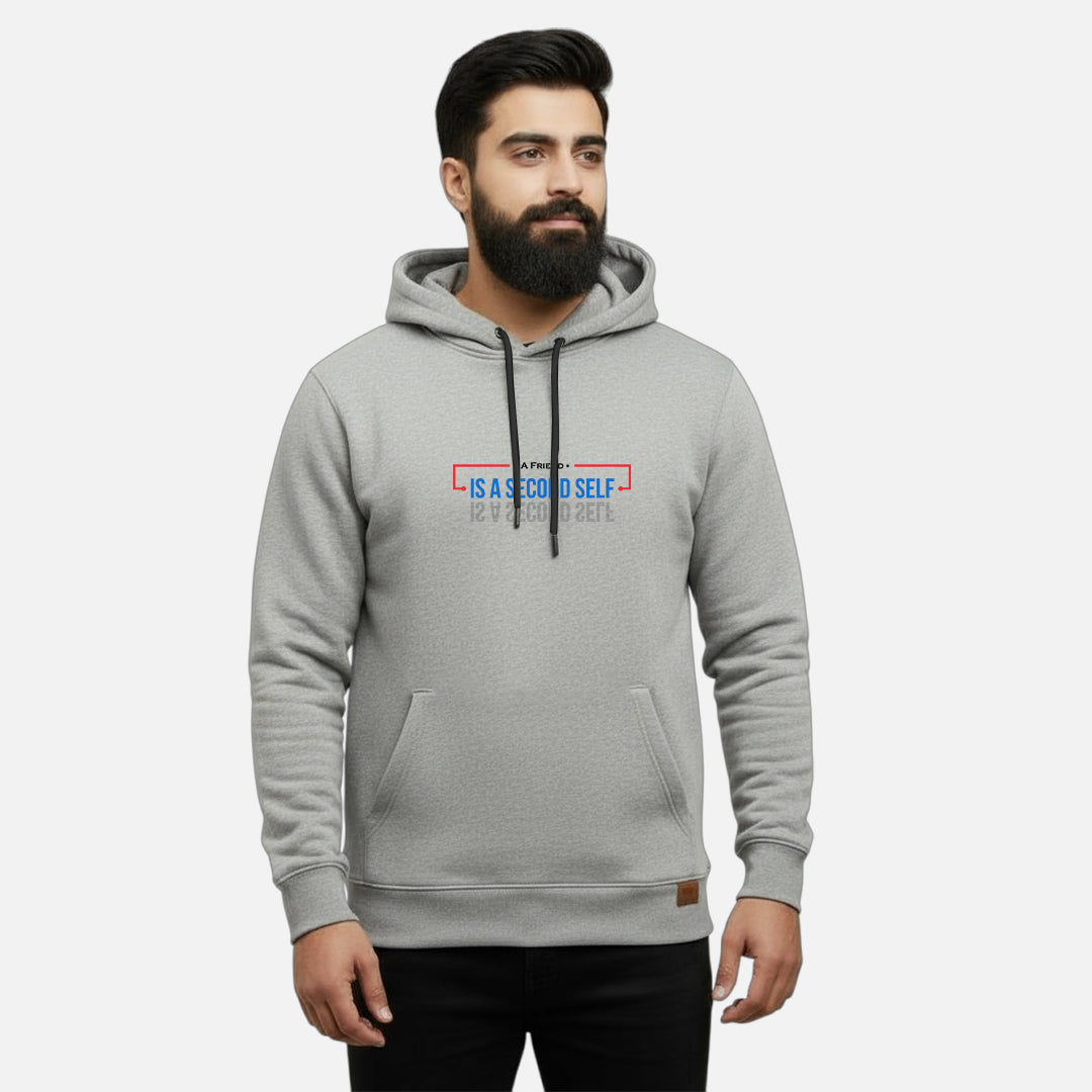 Sunnah Conscious grey cotton kangaroo hoodie worn by a bearded man featuring a unique graphic print on the chest.