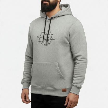 Sunnah Conscious grey cotton kangaroo hoodie with Success Circle graphic print and black drawstrings on a man