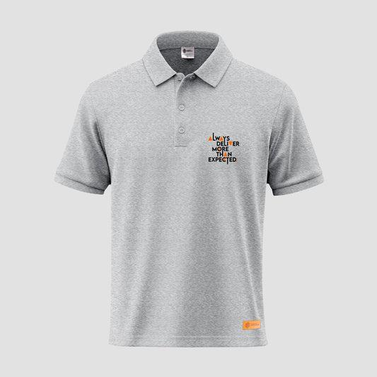 Sunnah Conscious polo shirt with printed "Always Deliver More Than Expected"