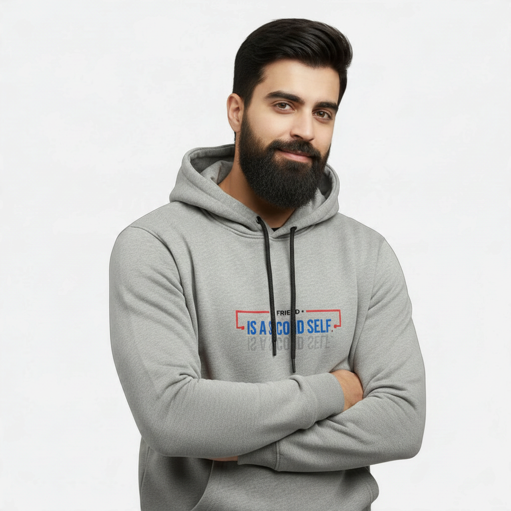 Sunnah Conscious grey cotton zipper hoodie with A Friend is a Second Self graphic worn by a bearded man
