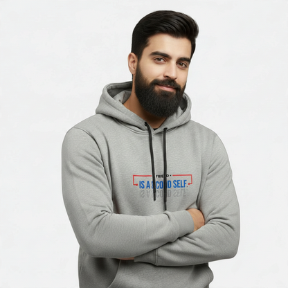 Sunnah Conscious grey cotton zipper hoodie with A Friend is a Second Self graphic worn by a bearded man