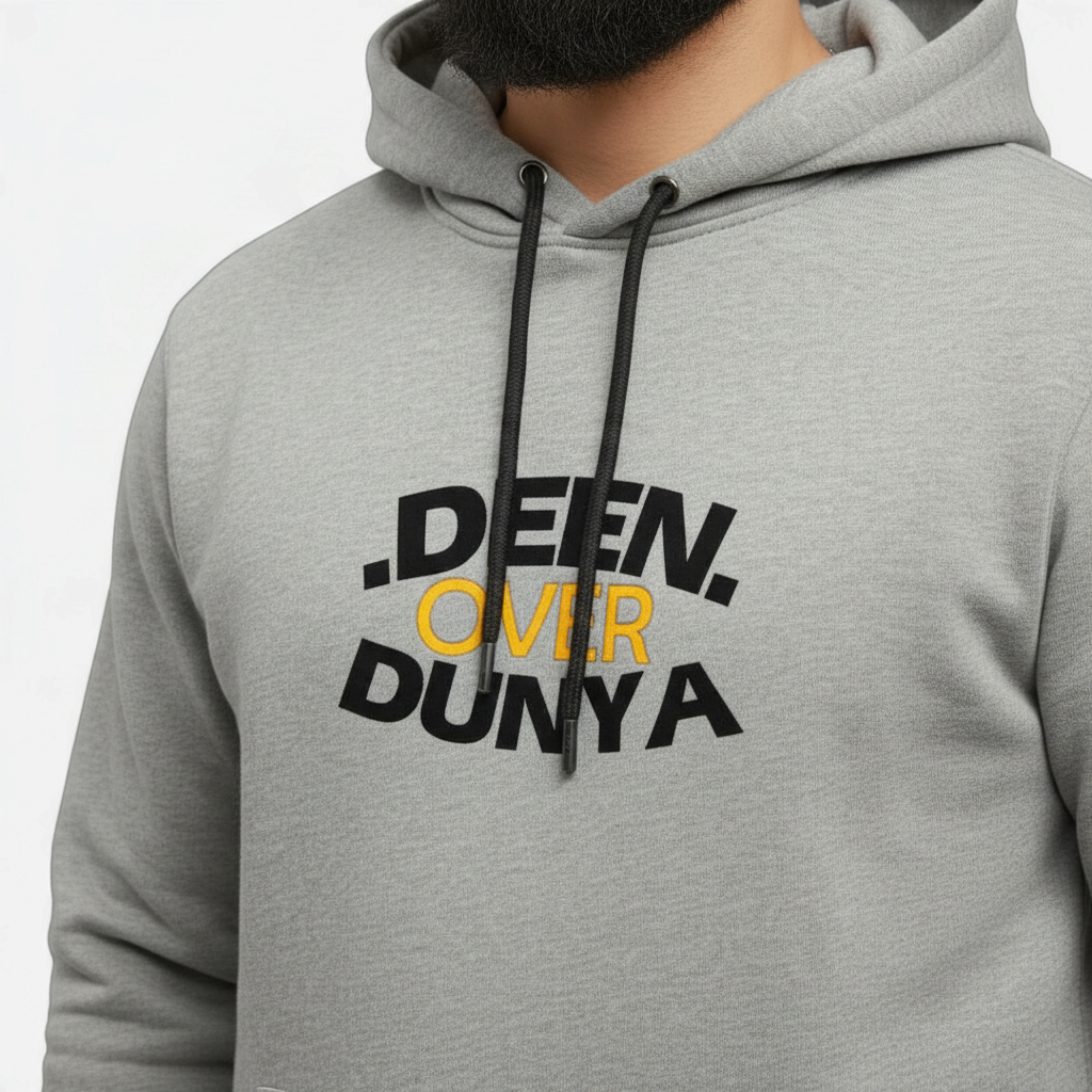 Sunnah Conscious grey cotton hoodie with black and yellow .Deen. Over Dunya graphic print and adjustable drawstrings