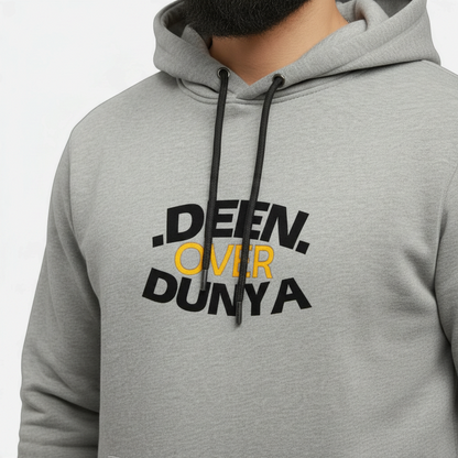 Sunnah Conscious grey cotton hoodie with black and yellow .Deen. Over Dunya graphic print and adjustable drawstrings