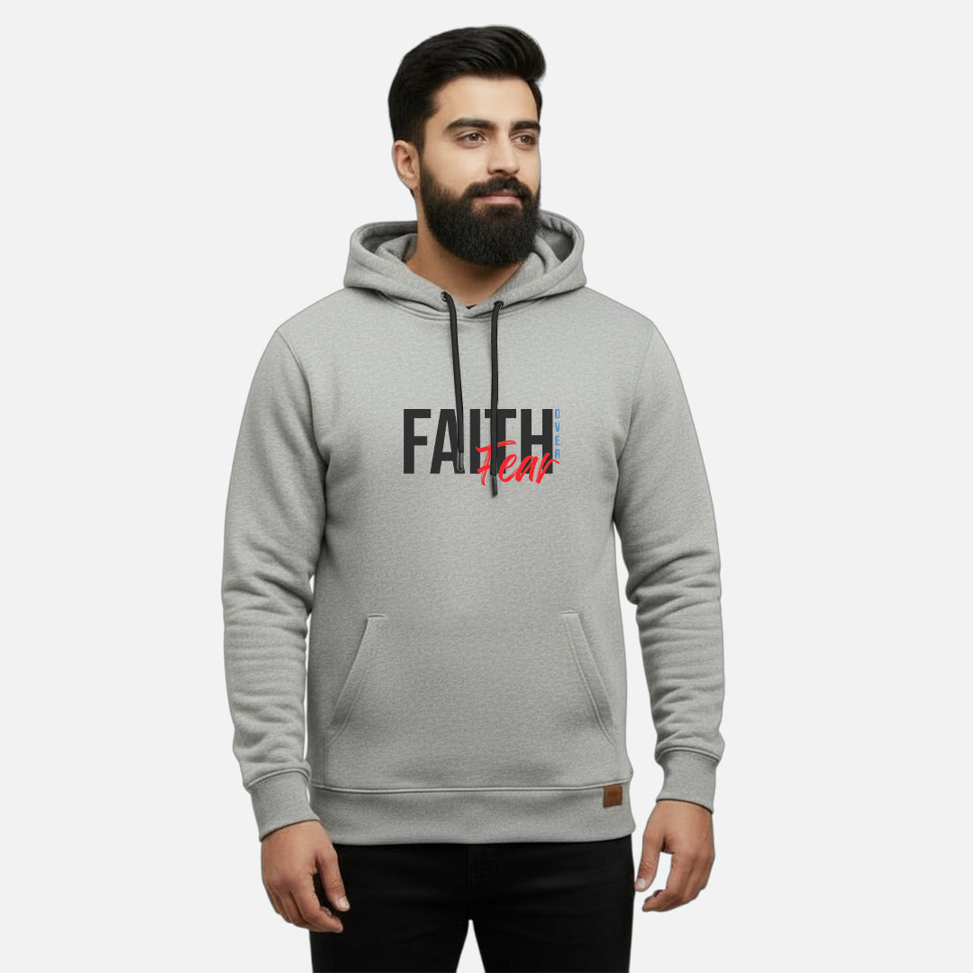 Sunnah Conscious grey cotton hoodie with Faith Over Fear graphic print worn by a bearded man