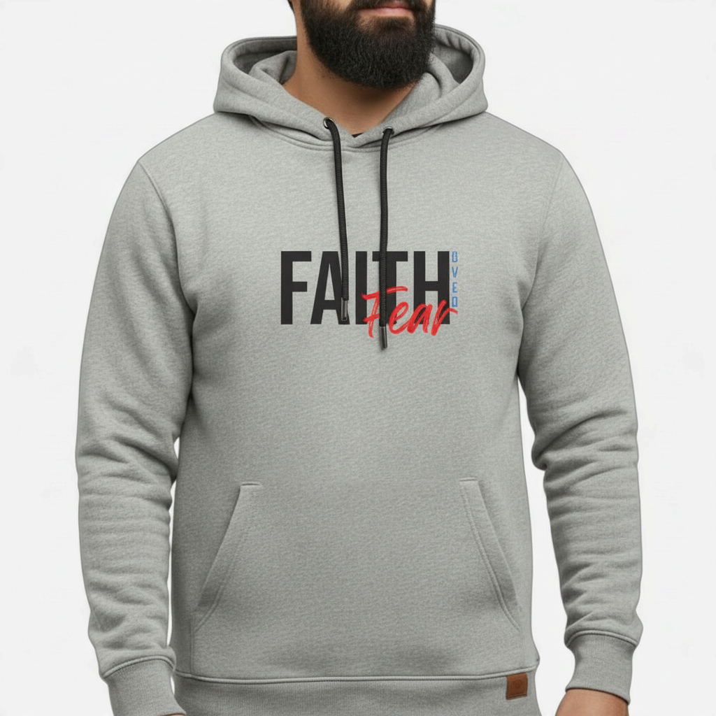 Sunnah Conscious grey cotton hoodie featuring Faith Over Fear text print with a front kangaroo pocket