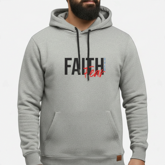 Sunnah Conscious grey cotton hoodie featuring Faith Over Fear text print with a front kangaroo pocket