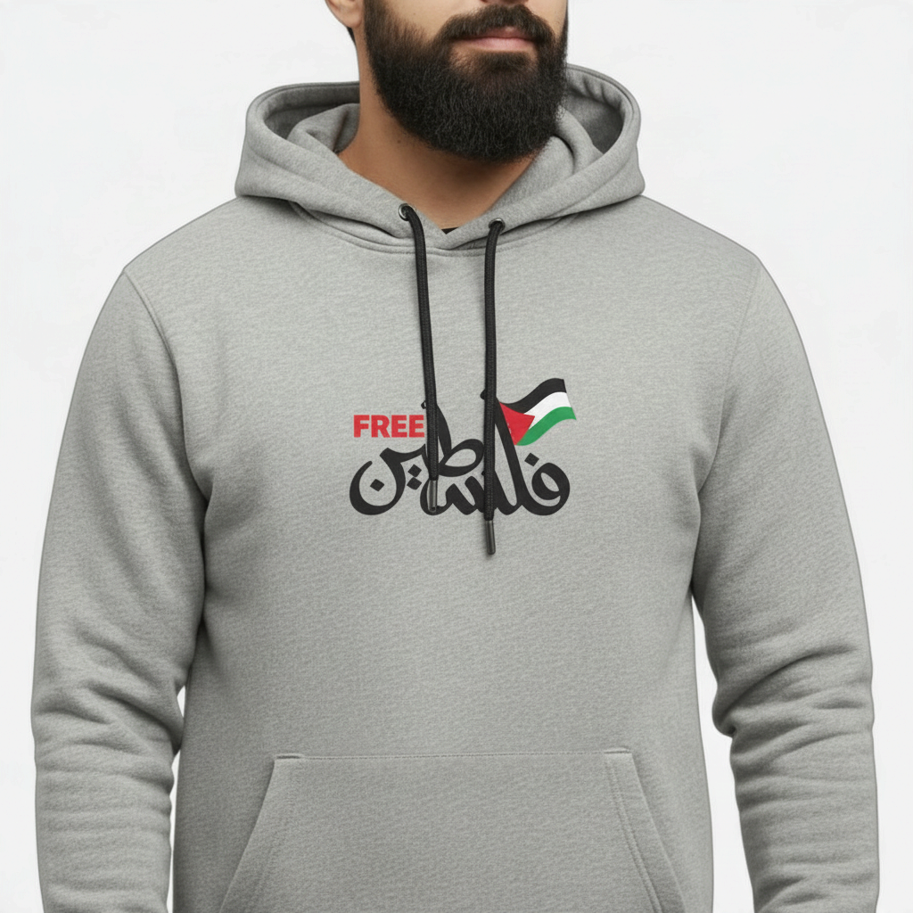 Sunnah Conscious grey cotton hoodie featuring Free Palestine Arabic calligraphy and flag graphic on the chest