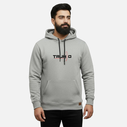Sunnah Conscious grey cotton hoodie with Tauhid The Spirit of Islam graphic print worn by a bearded man