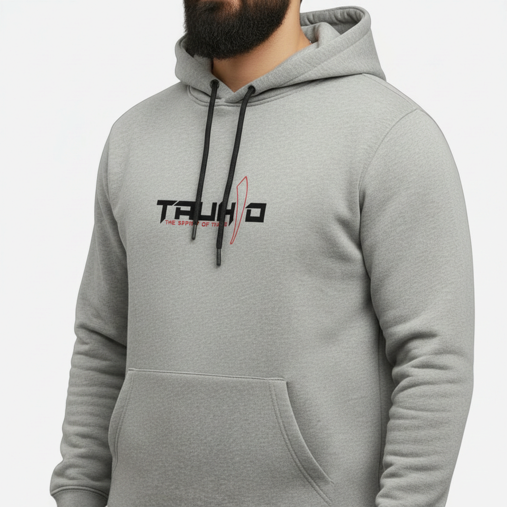 Sunnah Conscious grey cotton hoodie featuring Tauhid The Spirit of Islam graphic print and black drawstring cords.