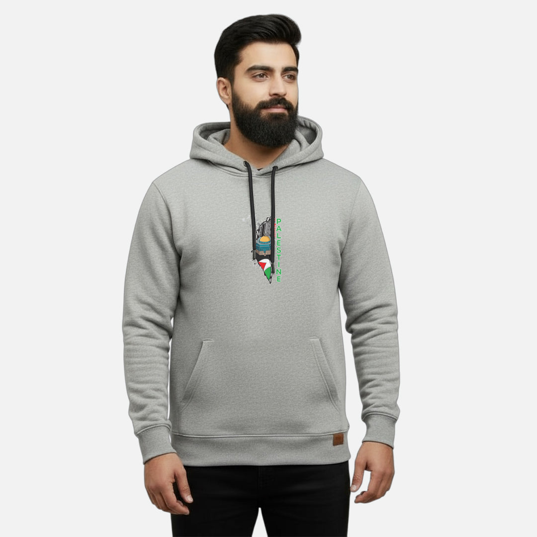 Sunnah Conscious heather grey cotton hoodie with a Free Palestine graphic, featuring a kangaroo pocket and hood.