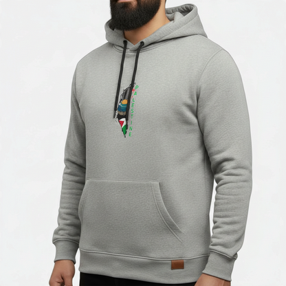 Sunnah Conscious heather grey cotton kangaroo hoodie with a Palestine map graphic and front pocket on a man
