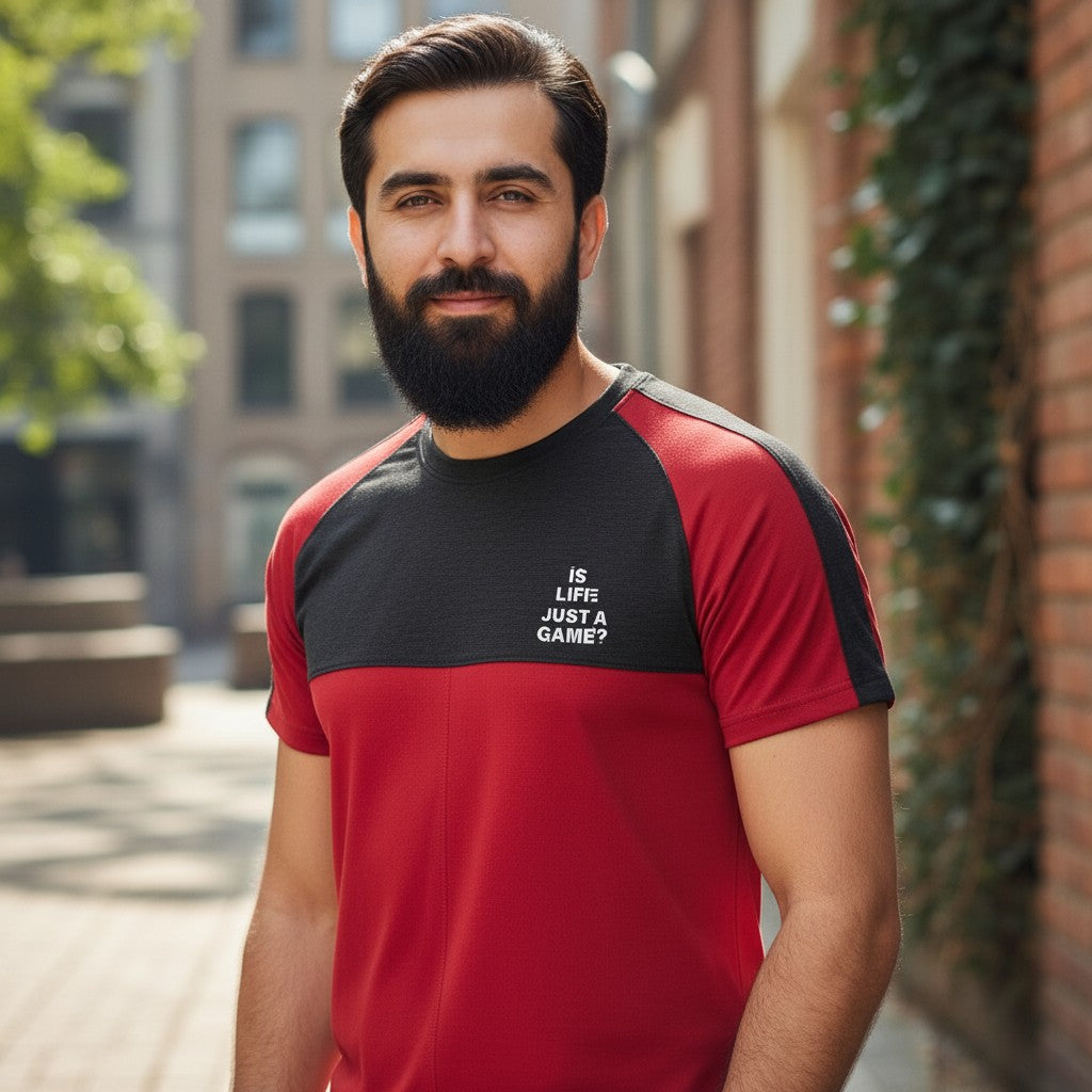 Sunnah Conscious men's maroon and black cotton raglan t-shirt with white text graphic.