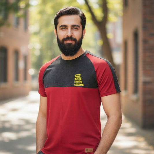 Sunnah Conscious men's maroon and black raglan t-shirt with motivational text graphic on chest. Cotton.