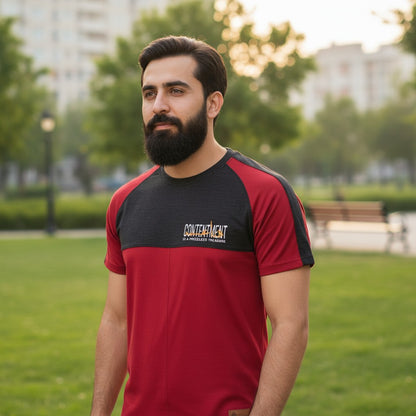 Sunnah Conscious men's maroon and black cotton raglan t-shirt with round neck and graphic print.