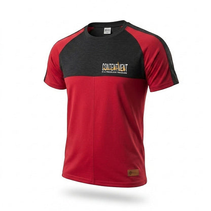 Sunnah Conscious men's maroon and black raglan t-shirt with "CONTENTMENT" graphic. Cotton.