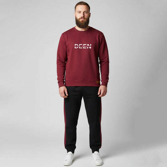Sunnah Conscious maroon sweatshirt and black joggers tracksuit in breathable scuba fabric worn by a bearded man