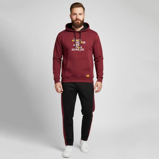 Sunnah Conscious maroon and black scuba fabric tracksuit with a kangaroo pocket hoodie and graphic text print