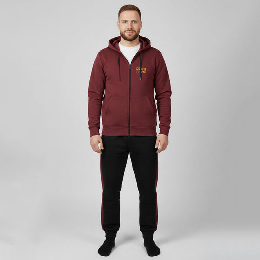 Sunnah Conscious maroon and black scuba fabric zipper hoodie tracksuit worn by a man against a grey background