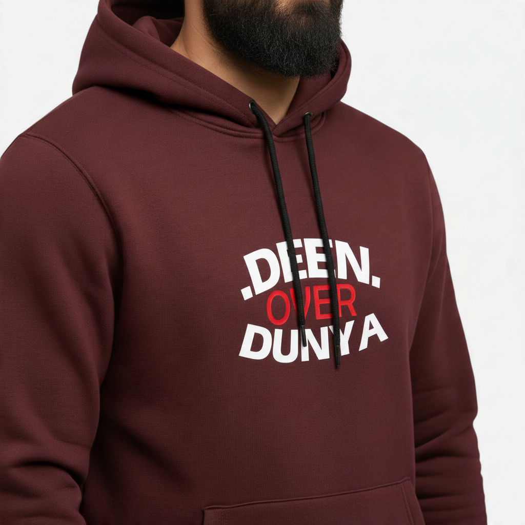 Sunnah Conscious maroon cotton hoodie with Deen Over Dunya graphic print and black drawstrings