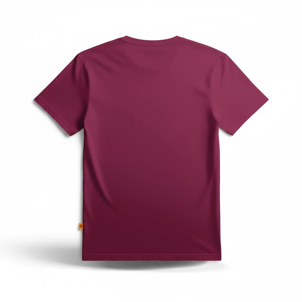 Sunnah Conscious plain maroon dry fit t-shirt, back view showing breathable mesh fabric and small side logo tag.