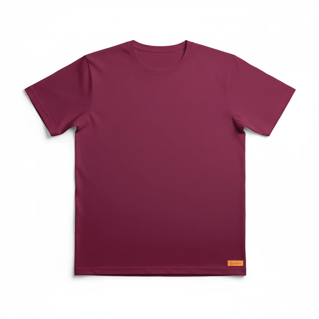 Sunnah Conscious plain maroon dry fit t-shirt with breathable mesh fabric and a small logo tag on the hem.