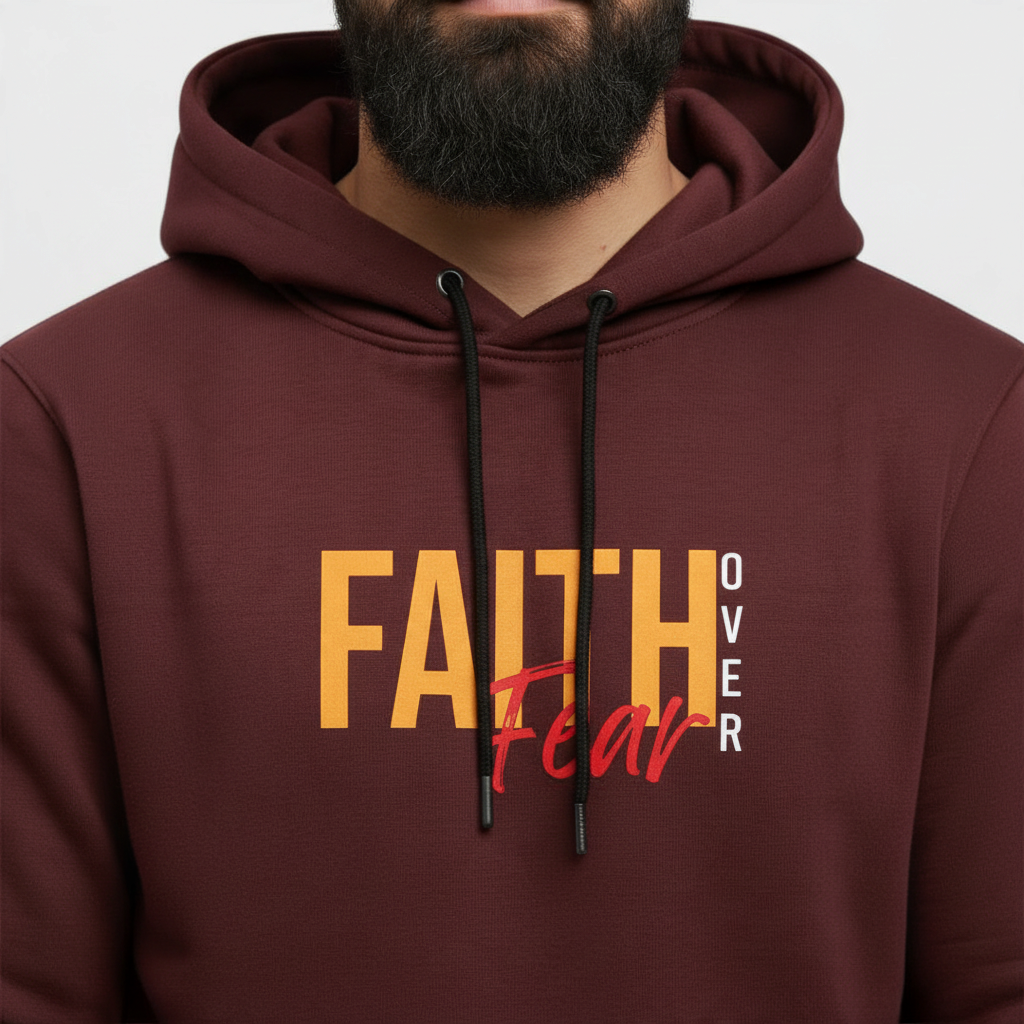 Sunnah Conscious maroon cotton hoodie featuring Faith Over Fear graphic print with black drawstring cords
