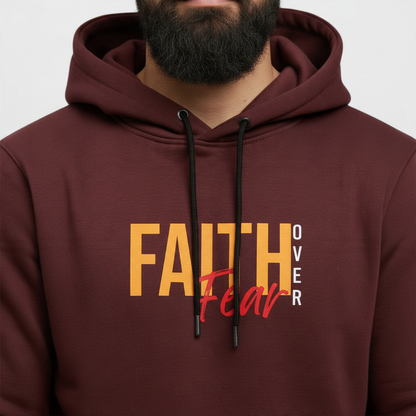 Sunnah Conscious maroon cotton hoodie featuring Faith Over Fear graphic print with black drawstring cords