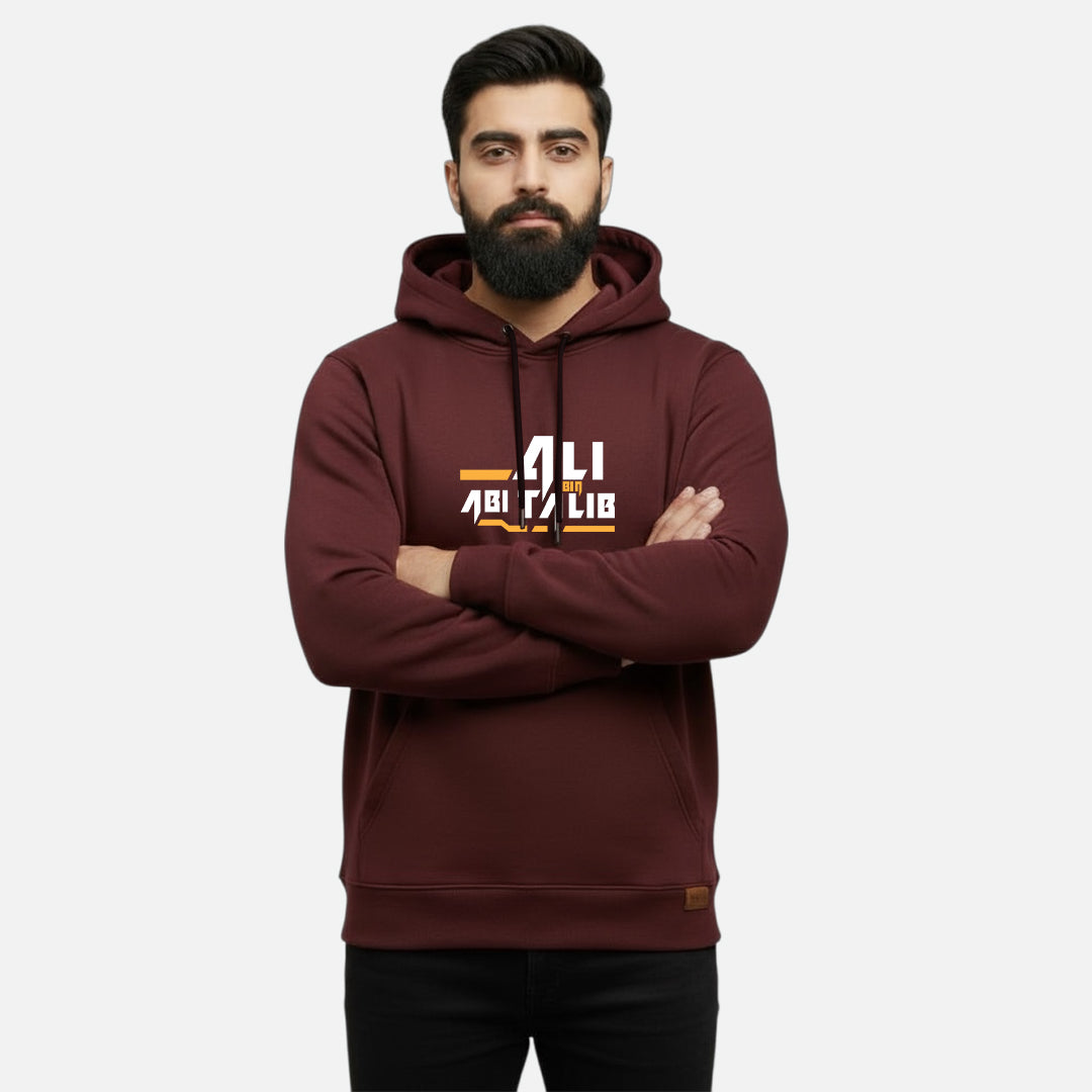 Sunnah Conscious maroon cotton hoodie with Ali ibn Abi Talib graphic print worn by a bearded man