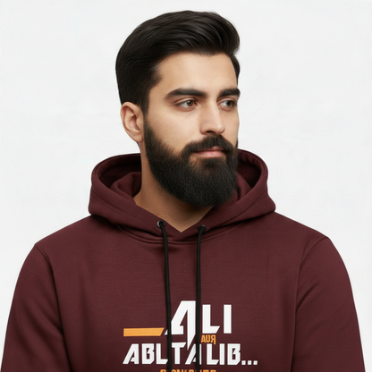 Sunnah Conscious maroon cotton hoodie featuring Ali ibn Abi Talib RA graphic print worn by a bearded man