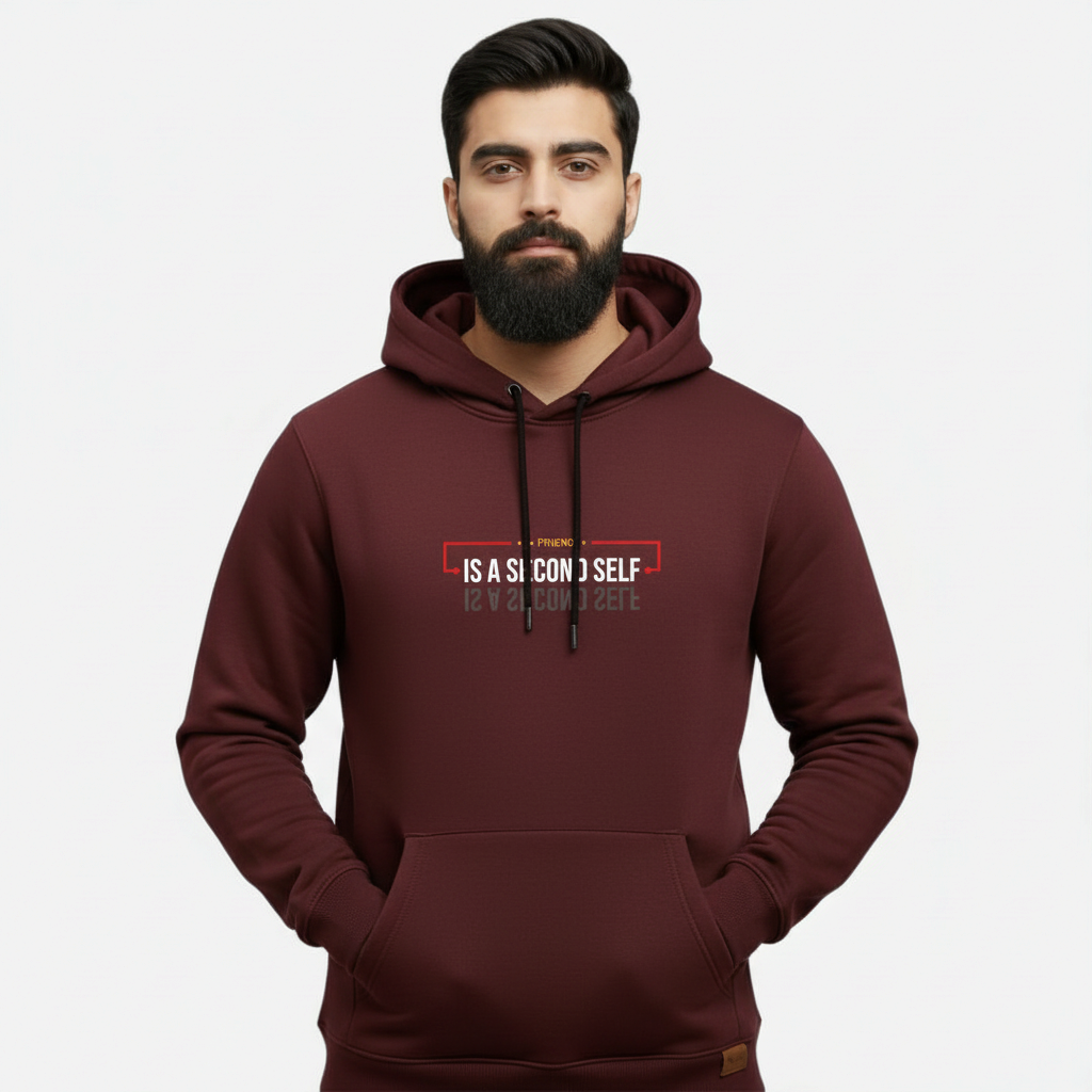 Sunnah Conscious maroon cotton hoodie with A Friend is a Second Self graphic print worn by a bearded man