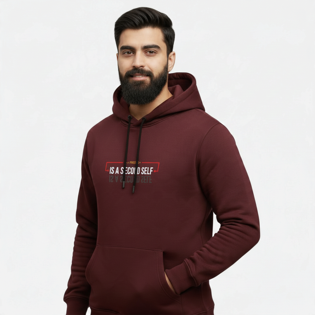 Sunnah Conscious maroon cotton hoodie with A Friend is a Second Self graphic print worn by a bearded man