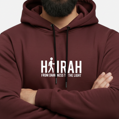 Sunnah Conscious maroon kangaroo hoodie featuring Hijrah From Darkness To The Light graphic print on chest