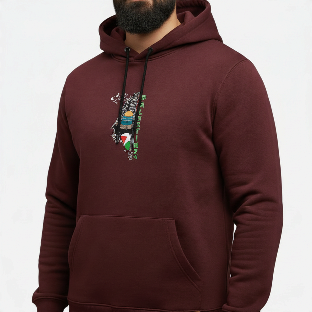 Sunnah Conscious maroon kangaroo hoodie featuring a Palestine solidarity graphic and front pocket on a man