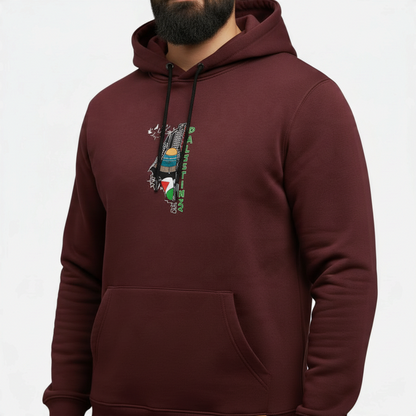 Sunnah Conscious maroon kangaroo hoodie featuring a Palestine solidarity graphic and front pocket on a man