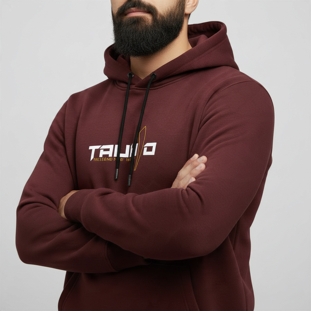 Sunnah Conscious maroon cotton hoodie with Tauhid graphic print, featuring a drawstring hood and kangaroo pocket.
