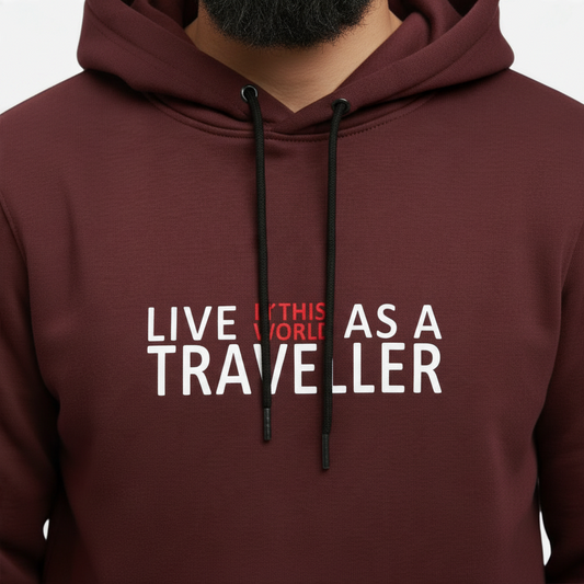 Sunnah Conscious maroon cotton hoodie with Live In This World As A Traveller text print and black drawstring hood