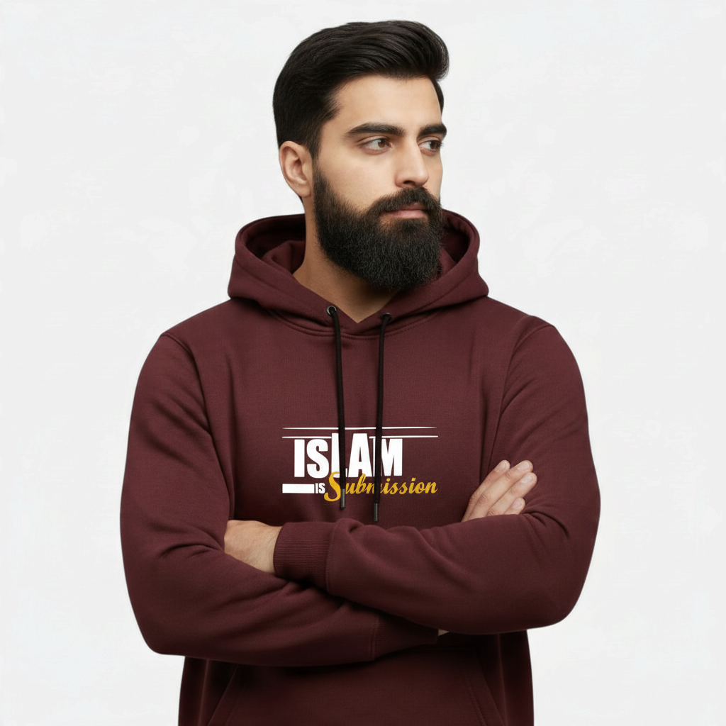 Sunnah Conscious maroon cotton zipper hoodie with Islam is Submission graphic print worn by a bearded man
