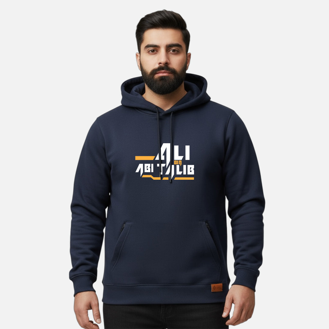 Sunnah Conscious navy blue cotton hoodie featuring Ali ibn Abi Talib graphic print worn by a bearded man