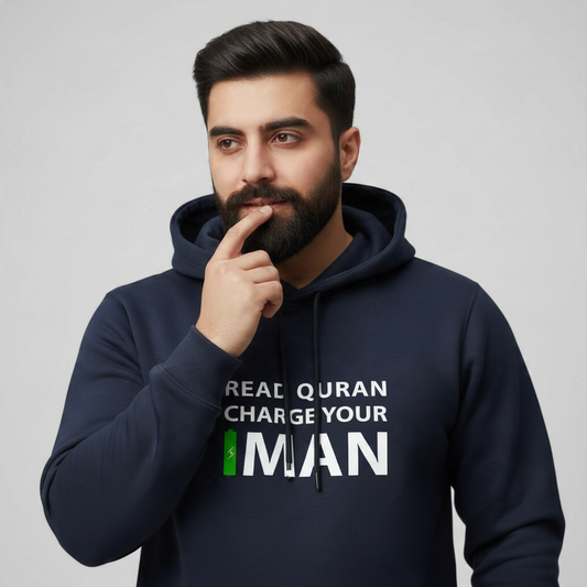 Sunnah Conscious navy blue cotton hoodie with Read Quran Charge Your Iman graphic print worn by a bearded man