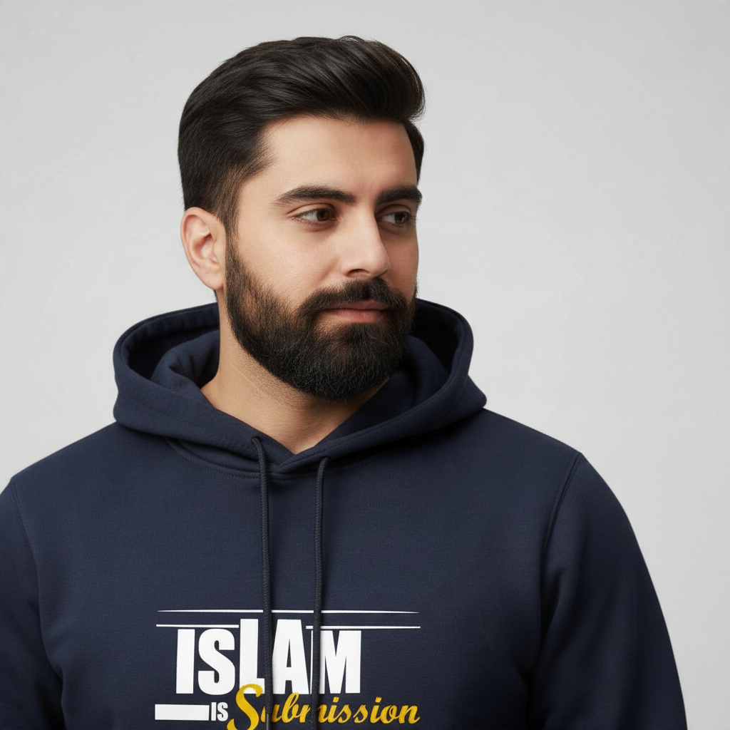 Sunnah Conscious navy blue cotton hoodie with Islam is Submission graphic print worn by a bearded man