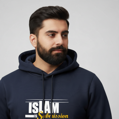 Sunnah Conscious navy blue cotton hoodie with Islam is Submission graphic print worn by a bearded man