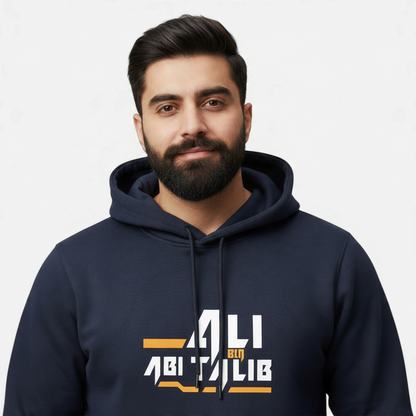 Sunnah Conscious navy blue cotton hoodie with white and orange Ali ibn Abi Talib graphic print worn by a bearded man