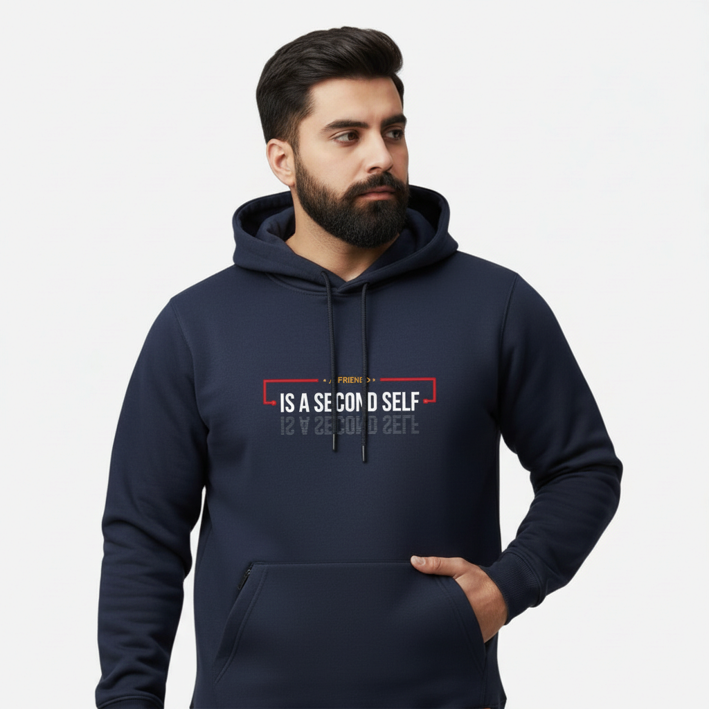 Sunnah Conscious navy blue cotton hoodie with A Friend is a Second Self graphic print worn by a bearded man
