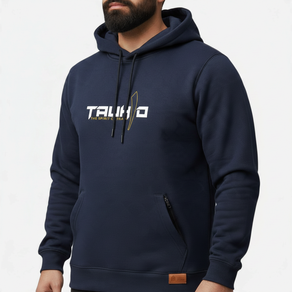 Sunnah Conscious navy blue cotton hoodie with Tauhid The Spirit of Islam graphic print and front kangaroo pocket
