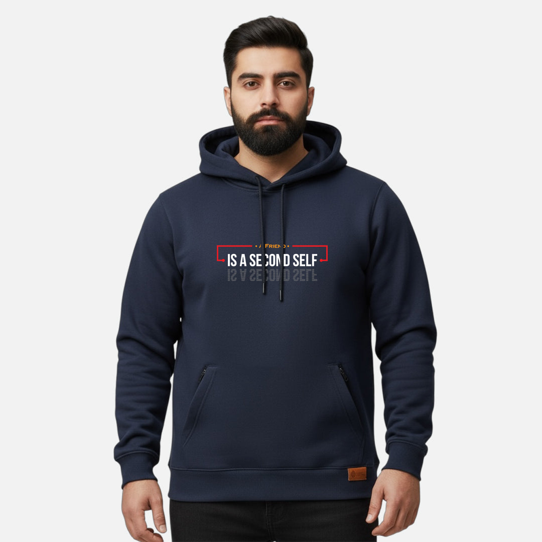 Sunnah Conscious navy blue cotton hoodie with A Friend is a Second Self graphic print and front kangaroo pocket