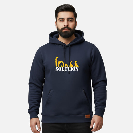 Sunnah Conscious navy blue cotton hoodie with yellow prayer graphic and Solution text on a bearded male model