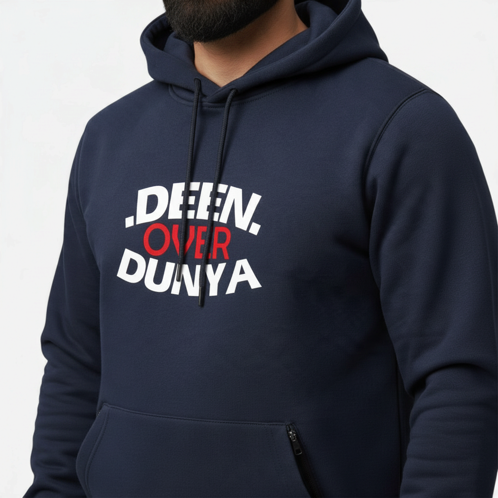 Sunnah Conscious navy blue cotton hoodie with Deen Over Dunya text print and front zipper kangaroo pocket