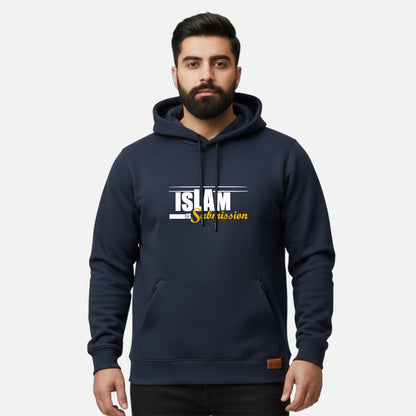 Sunnah Conscious navy blue cotton hoodie with Islam is Submission graphic print and front kangaroo pocket