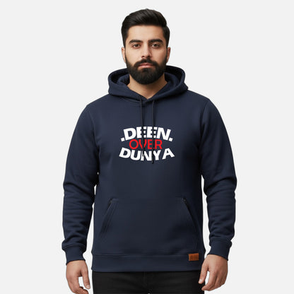 Sunnah Conscious navy blue cotton kangaroo hoodie with white and red Deen Over Dunya text print on the chest