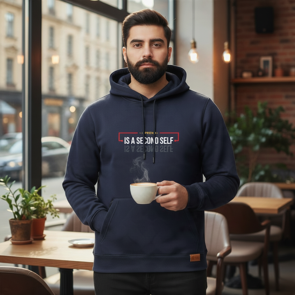 Sunnah Conscious navy blue cotton kangaroo hoodie with A Friend is a Second Self graphic print worn by a man